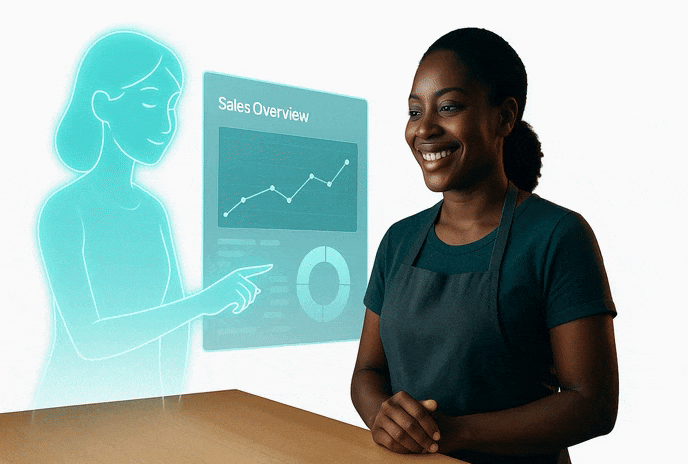Animated illustration of Lenny AI assistant helping business owner